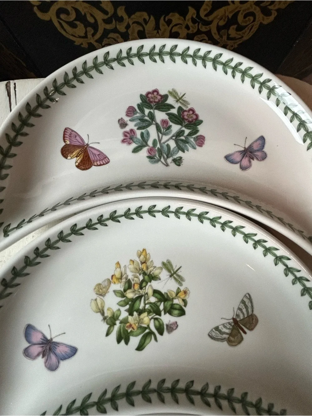 4 PORTMEIRON BOTANIC GARDEN Crescent Salad Plate Floral Butterflies Leaf Rim